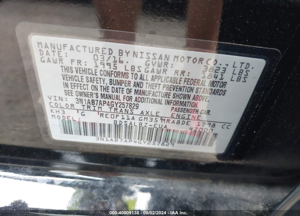 2016 NISSAN SENTRA S VIN: 3N1AB7AP4GY257829