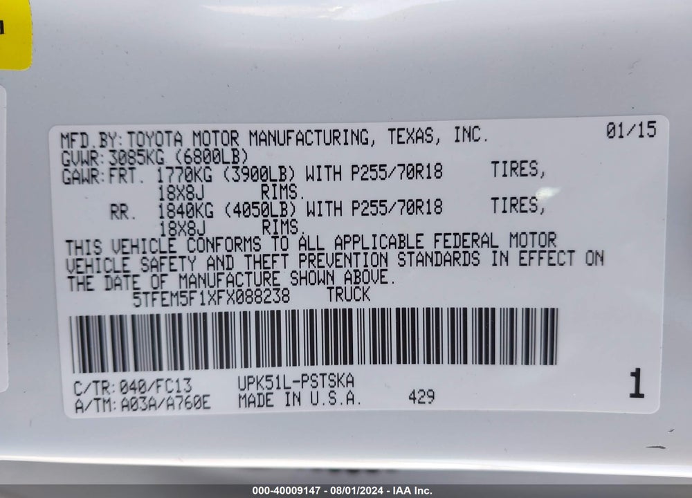 2015 TOYOTA TUNDRA SR5 4.6L V8 VIN: 5TFEM5F1XFX088238