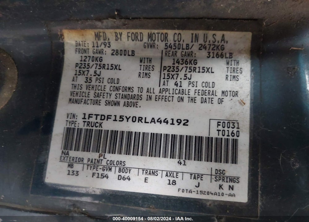 1994 FORD F150 VIN: 1FTDF15Y0RLA44192
