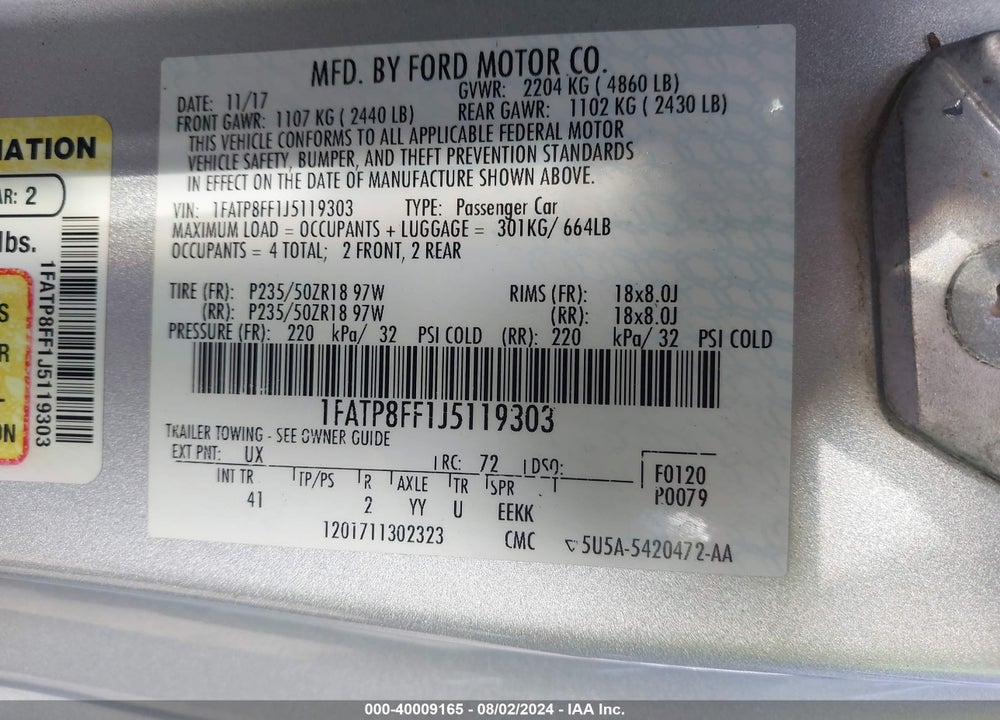 2018 FORD MUSTANG GT PREMIUM VIN: 1FATP8FF1J5119303