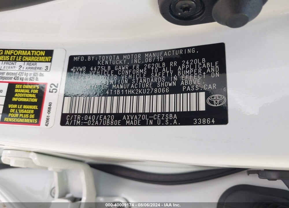 2019 TOYOTA CAMRY SE VIN: 4T1B11HK2KU278066