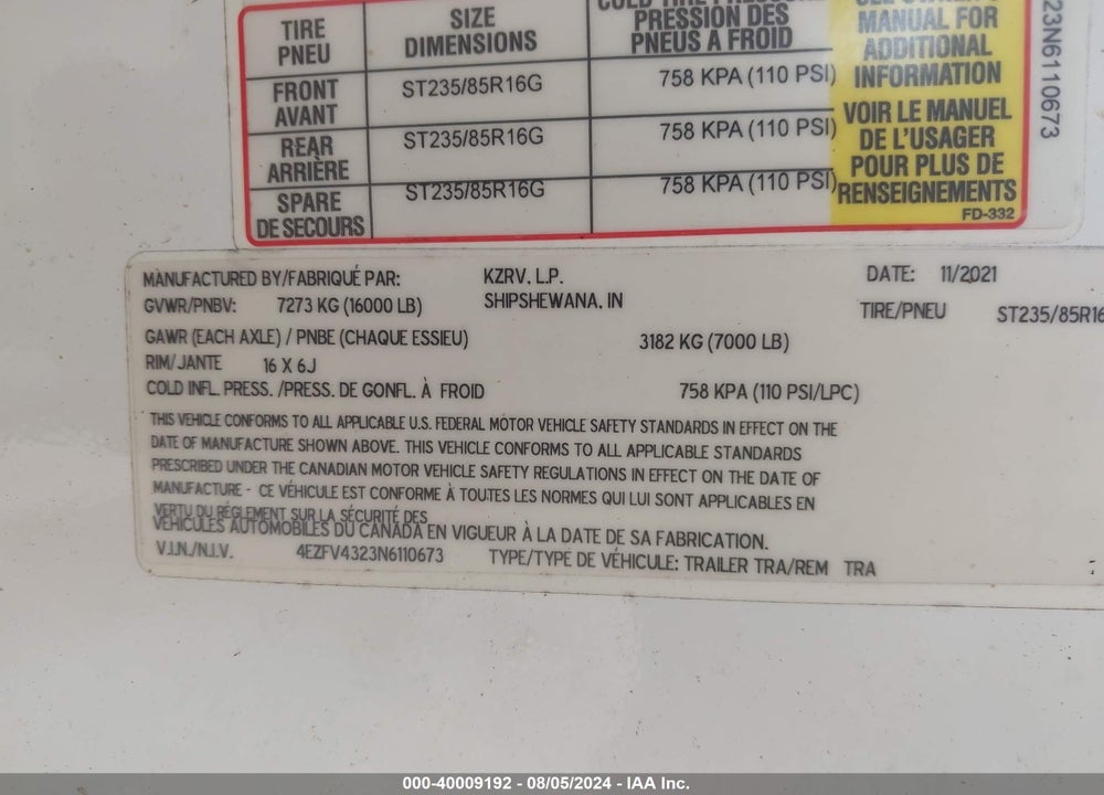 2022 K-Z INC TRAVEL TRAILER VIN: 4EZFV4323N6110673