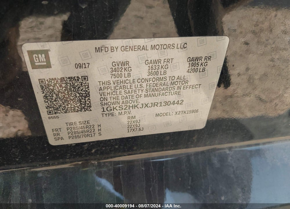 2018 GMC YUKON XL DENALI VIN: 1GKS2HKJXJR130442