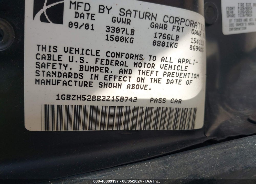 2002 SATURN S-SERIES SL1 VIN: 1G8ZH52882Z158742