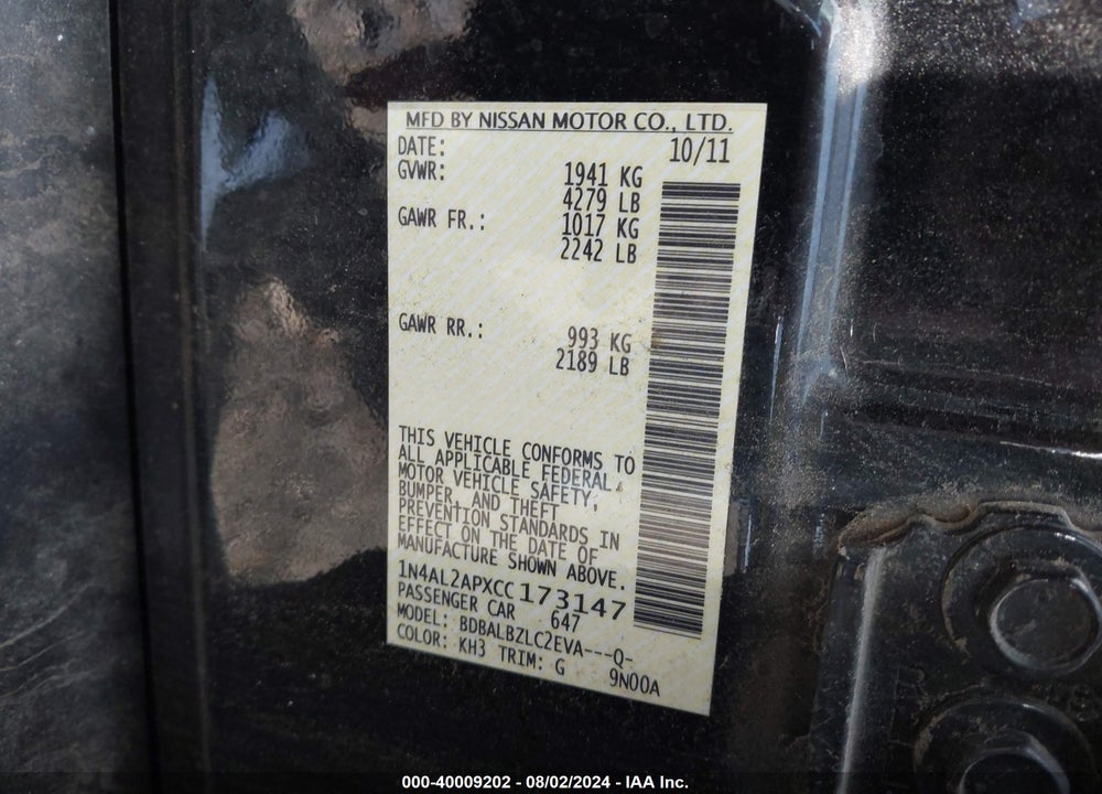 2012 NISSAN ALTIMA 2.5 S VIN: 1N4AL2APXCC173147