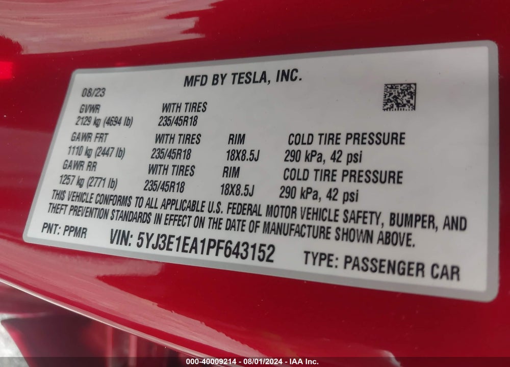 2023 TESLA MODEL 3 REAR-WHEEL DRIVE VIN: 5YJ3E1EA1PF643152
