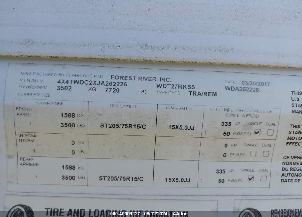 2018 FORE WILDWOOD VIN: 4X4TWDC2XJA262226