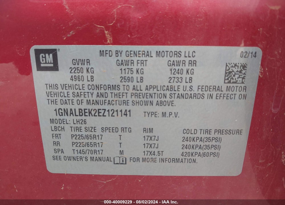 2014 CHEVROLET EQUINOX 1LT VIN: 1GNALBEK2EZ121141