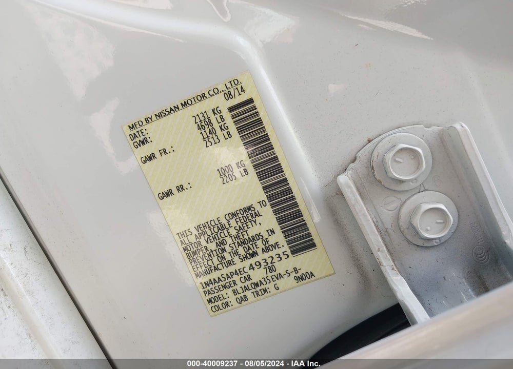 2014 NISSAN MAXIMA 3.5 S/3.5 SV VIN: 1N4AA5AP4EC493235