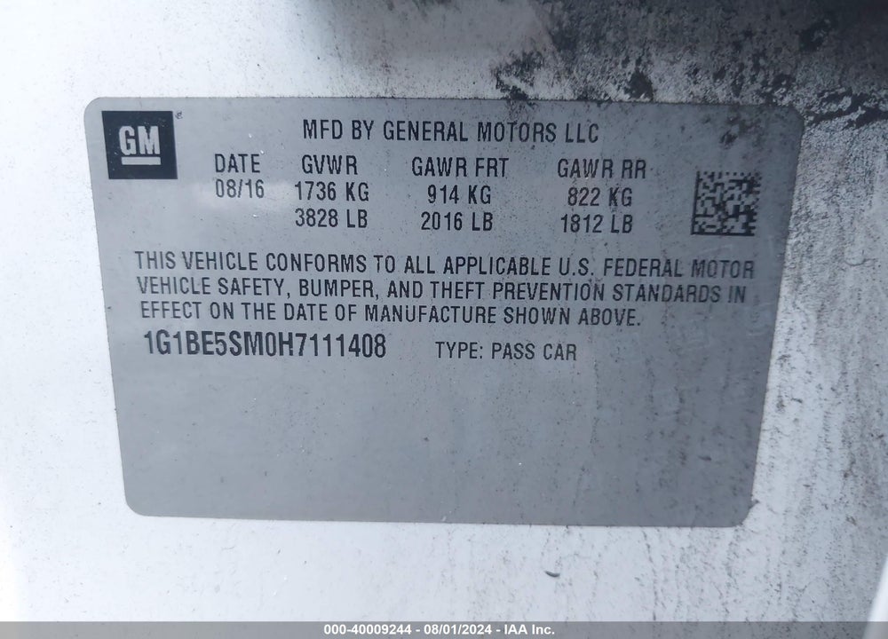 2017 CHEVROLET CRUZE LT AUTO VIN: 1G1BE5SM0H7111408