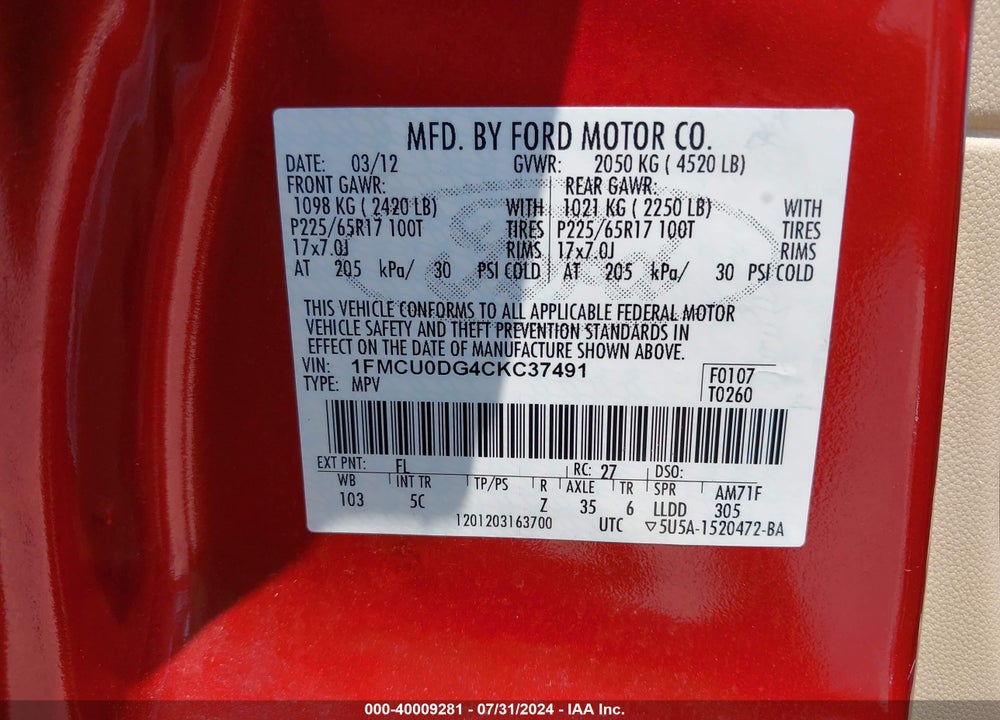 2012 FORD ESCAPE XLT VIN: 1FMCU0DG4CKC37491