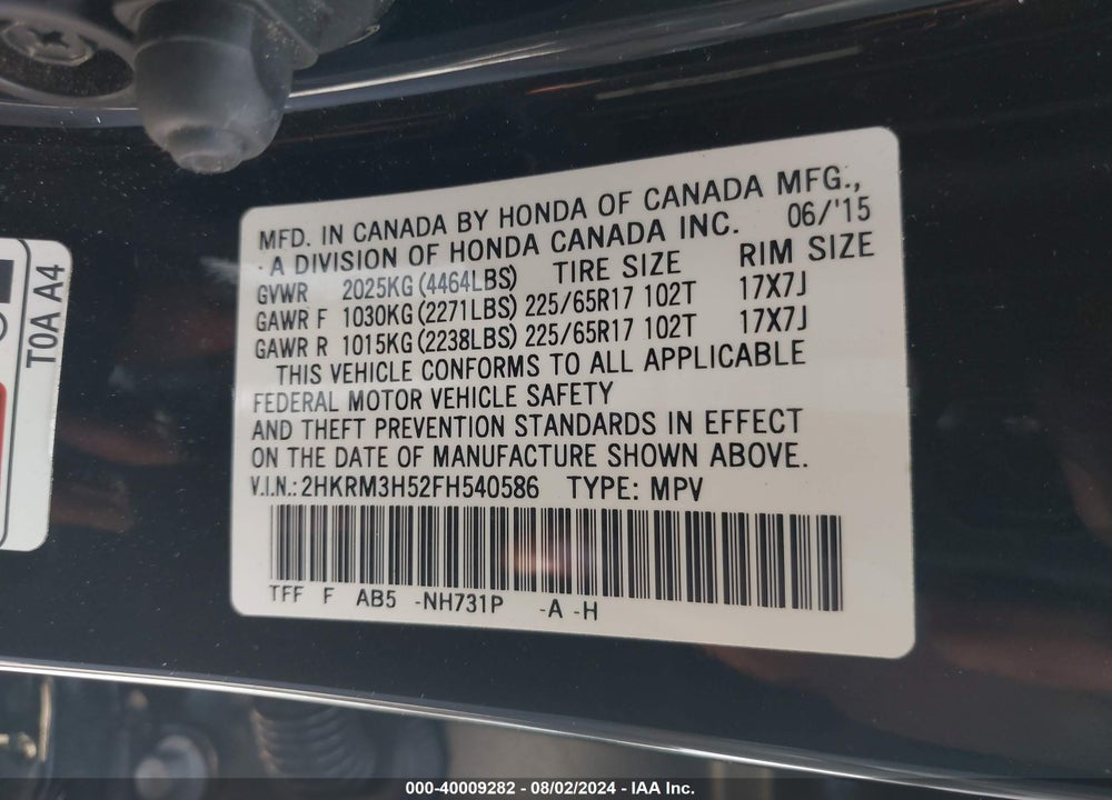 2015 HONDA CR-V EX VIN: 2HKRM3H52FH540586