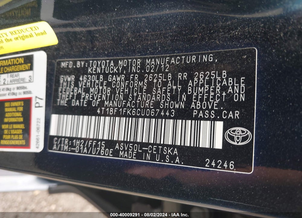 2012 TOYOTA CAMRY SE VIN: 4T1BF1FK6CU067443