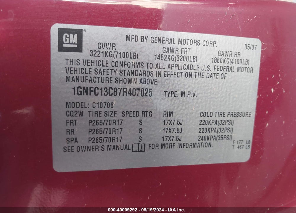 2007 CHEVROLET TAHOE LS VIN: 1GNFC13C87R407025
