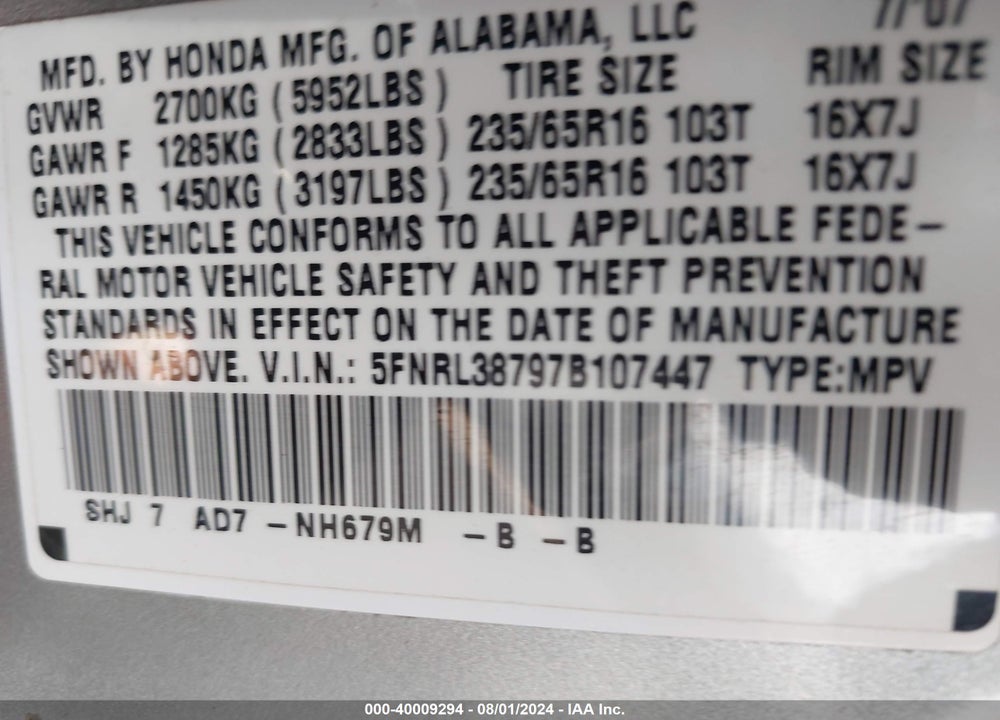2007 HONDA ODYSSEY EX-L VIN: 5FNRL38797B107447
