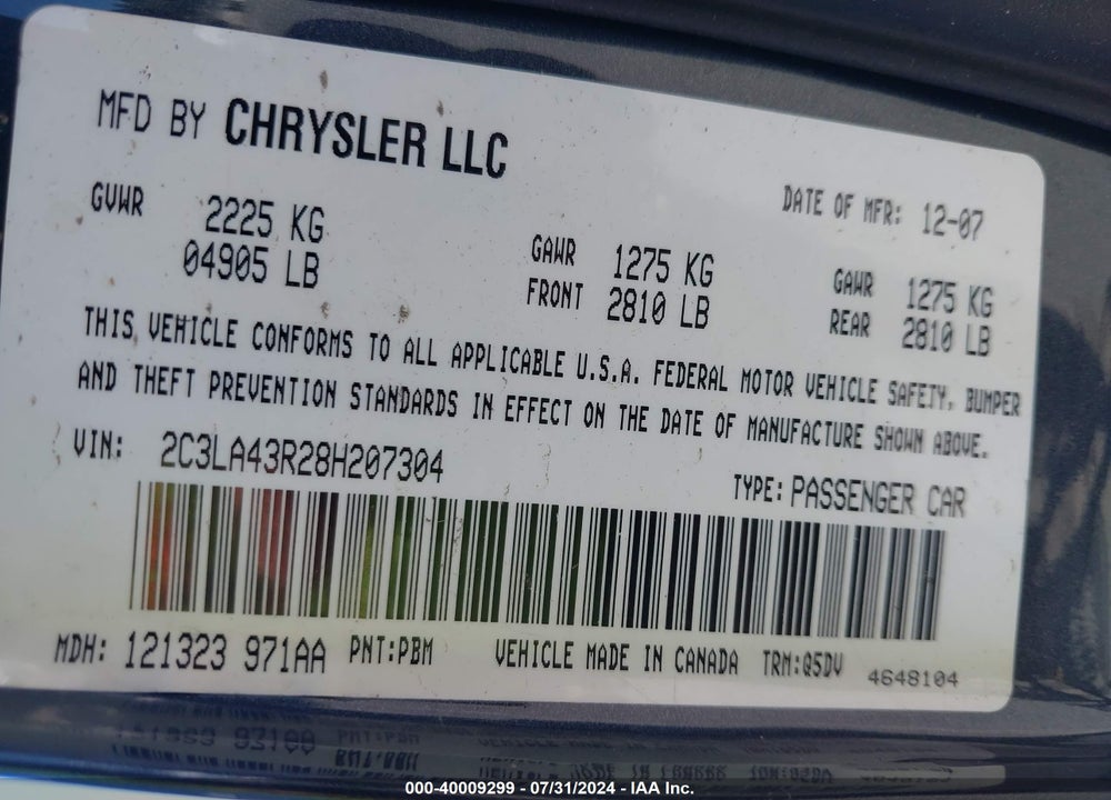2008 CHRYSLER 300 LX VIN: 2C3LA43R28H207304
