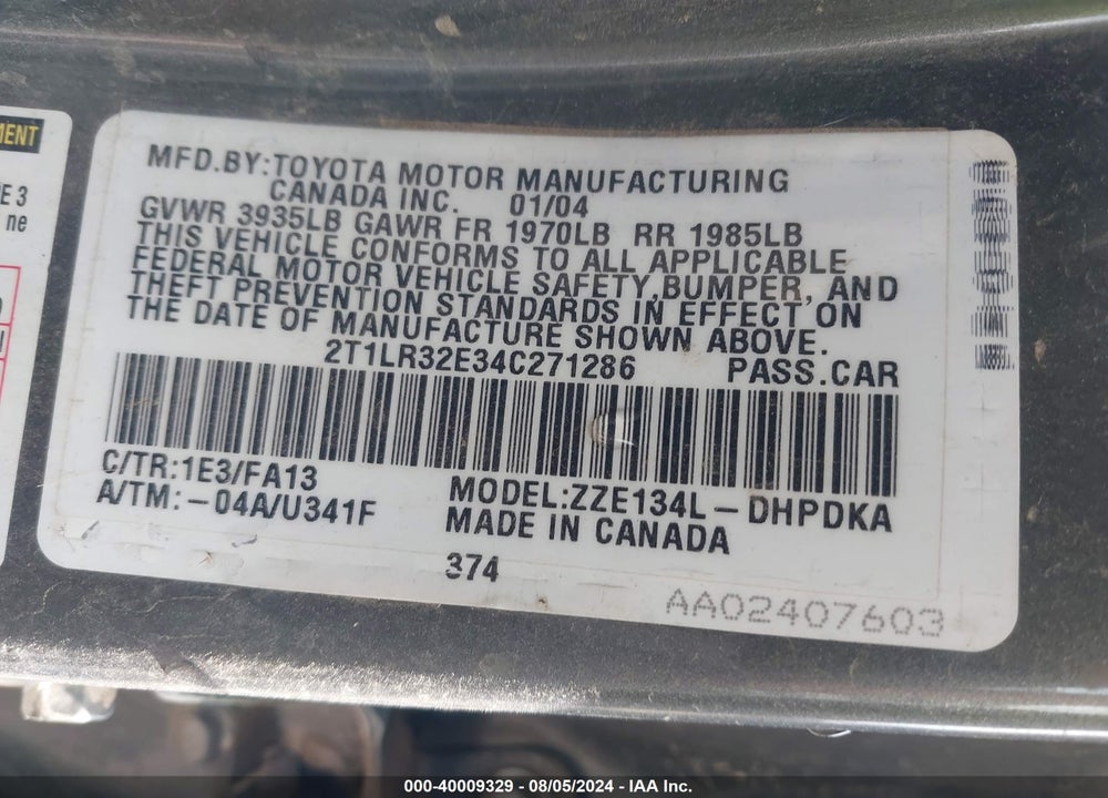 2004 TOYOTA MATRIX STANDARD VIN: 2T1LR32E34C271286