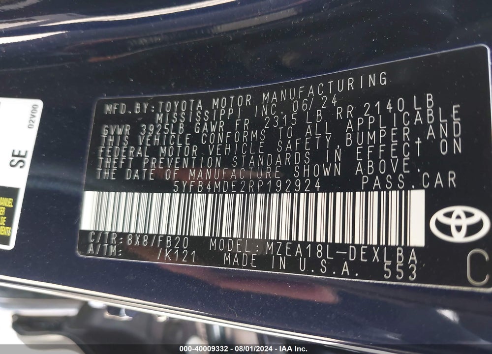 2024 TOYOTA COROLLA LE VIN: 5YFB4MDE2RP192924