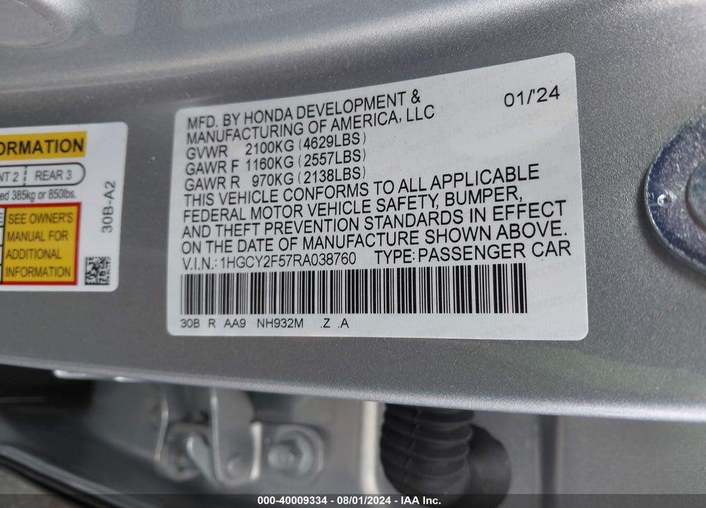 2024 HONDA ACCORD HYBRID SPORT VIN: 1HGCY2F57RA038760