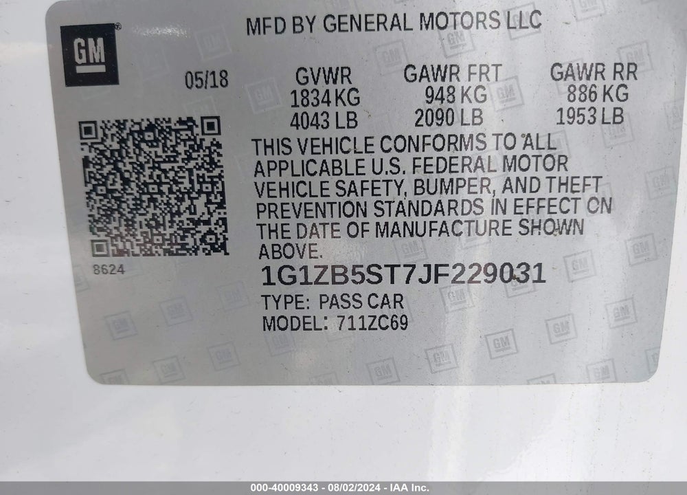 2018 CHEVROLET MALIBU 1LS VIN: 1G1ZB5ST7JF229031