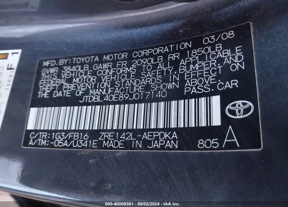 2009 TOYOTA COROLLA LE VIN: JTDBL40E89J017140