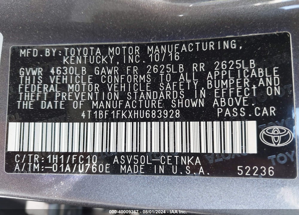 2017 TOYOTA CAMRY LE VIN: 4T1BF1FKXHU683928