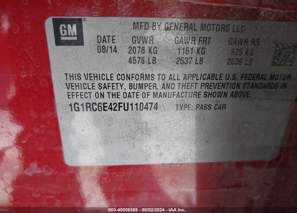 2015 CHEVROLET VOLT VIN: 1G1RC6E42FU110474