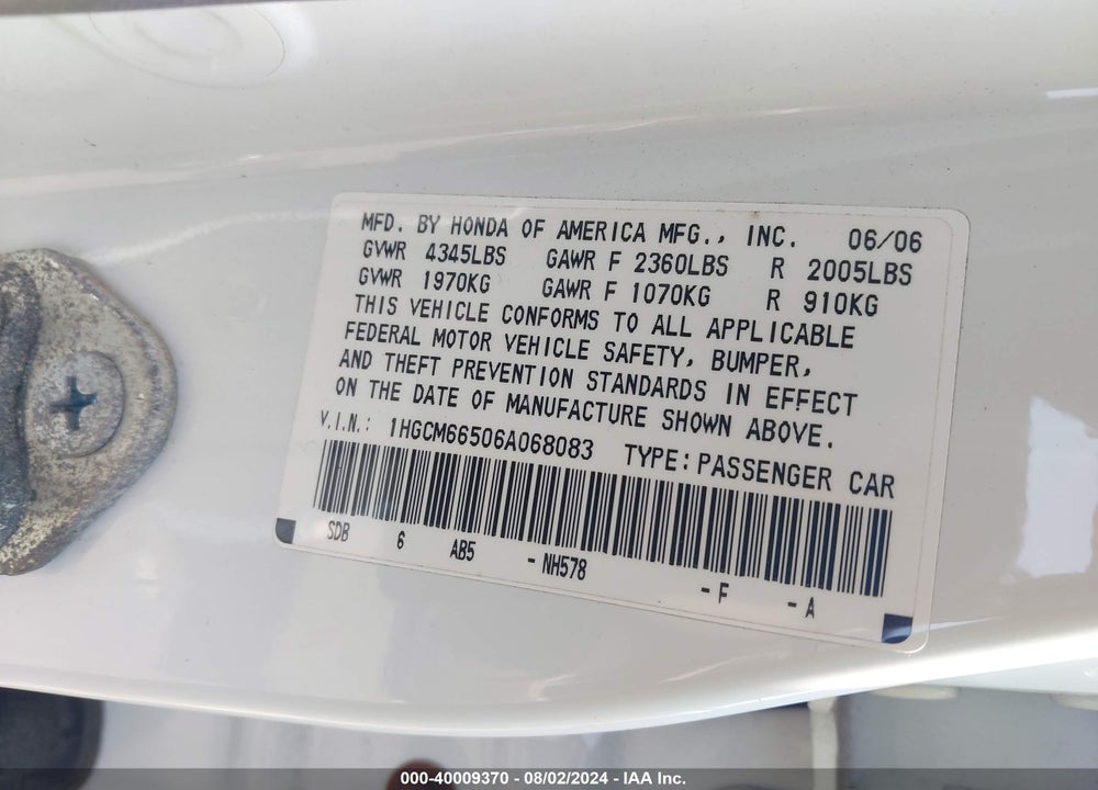 2006 HONDA ACCORD 3.0 EX VIN: 1HGCM66506A068083