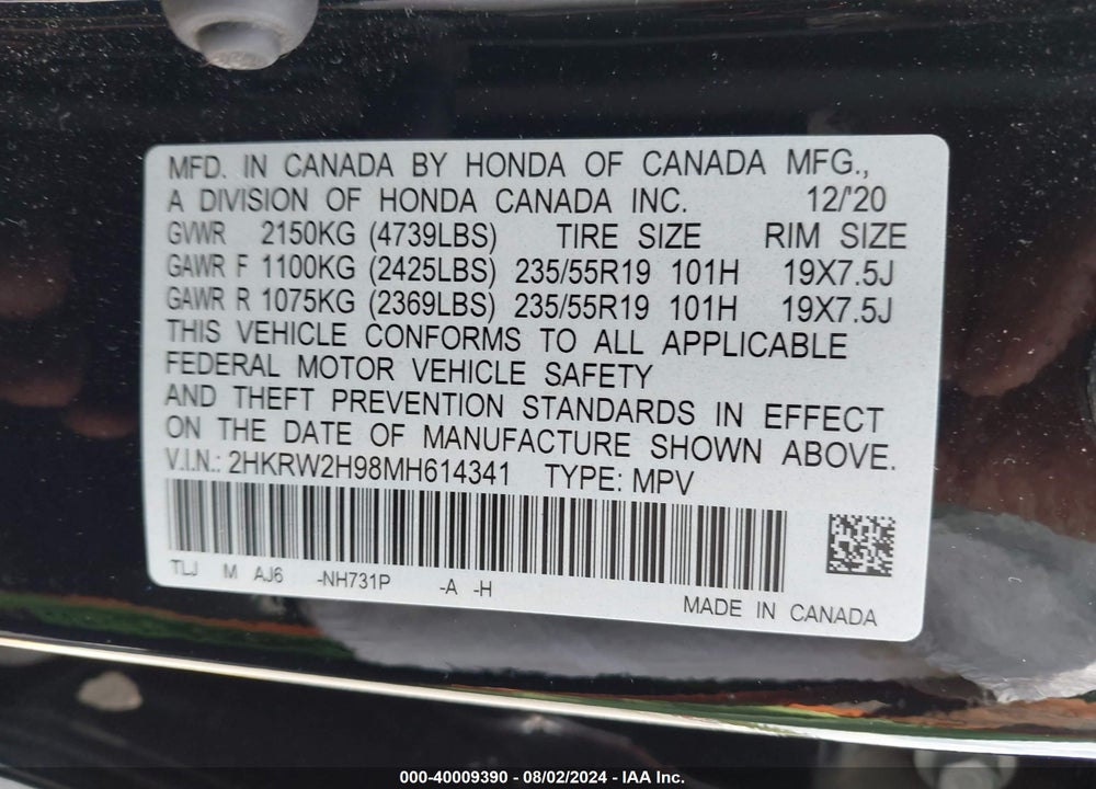 2021 HONDA CR-V AWD TOURING VIN: 2HKRW2H98MH614341