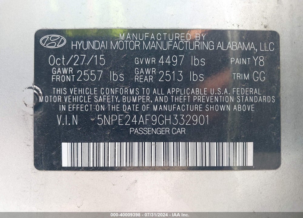 2016 HYUNDAI SONATA SE VIN: 5NPE24AF9GH332901