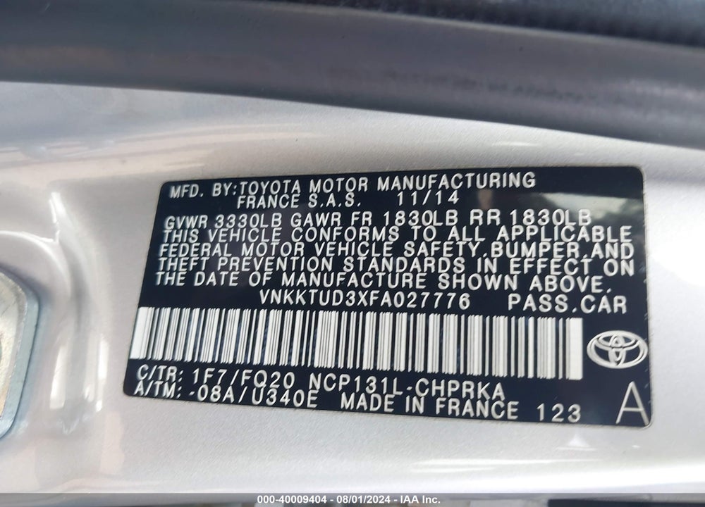 2015 TOYOTA YARIS L VIN: VNKKTUD3XFA027776