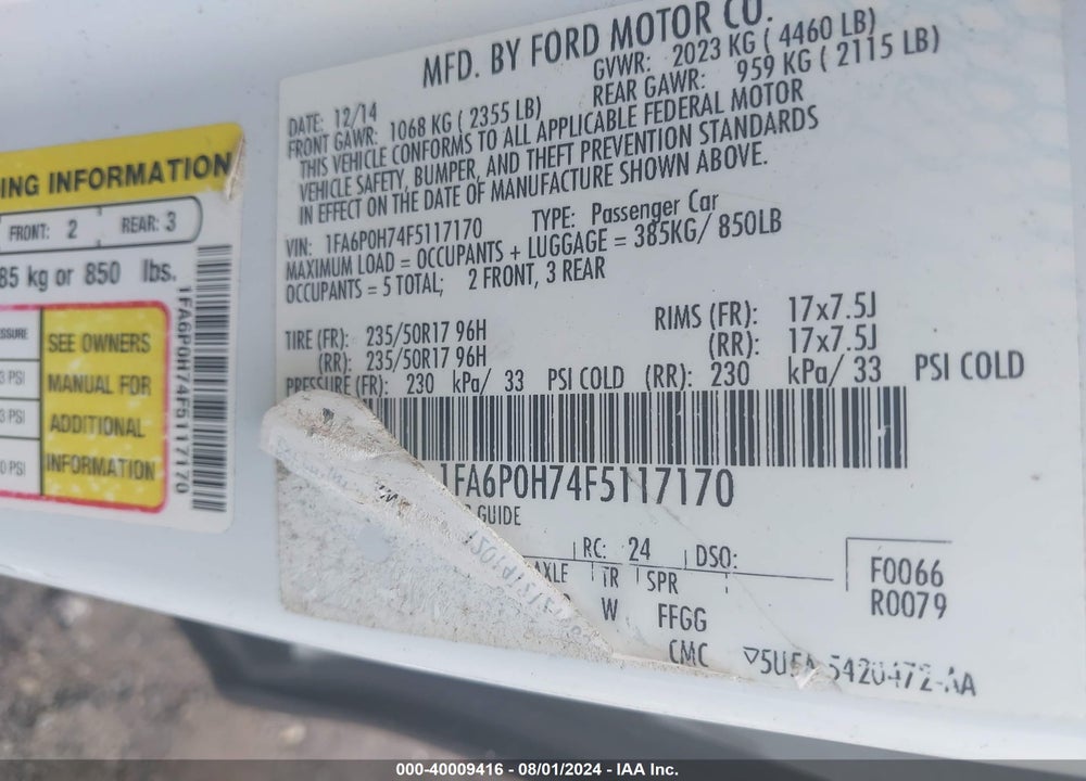 2015 FORD FUSION VIN: 1FA6P0H74F5117170