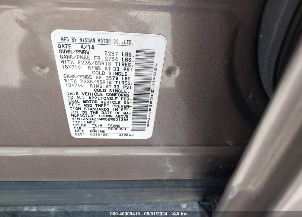 2014 NISSAN MURANO LE/S/SL/SV VIN: JN8AZ1MW0EW521386
