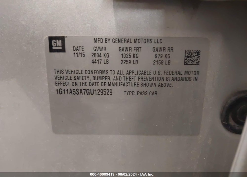 2016 CHEVROLET MALIBU LIMITED 1FL VIN: 1G11A5SA7GU129529