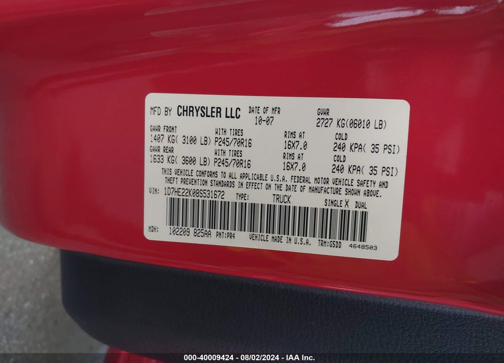 2008 DODGE DAKOTA ST VIN: 1D7HE22K08S531672
