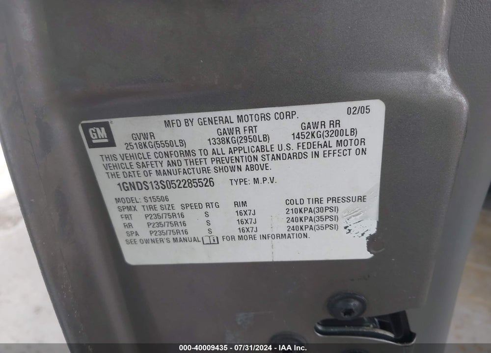 2005 CHEVROLET TRAILBLAZER LS VIN: 1GNDS13S052285526