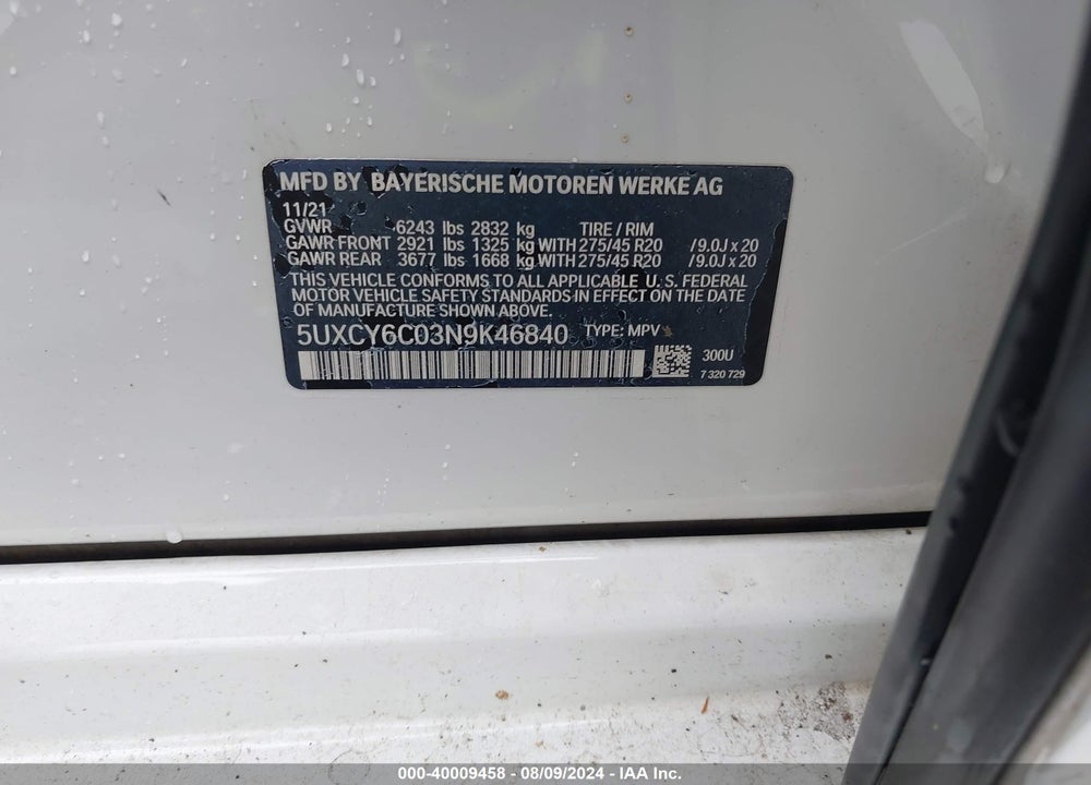 2022 BMW X6 XDRIVE40I VIN: 5UXCY6C03N9K46840