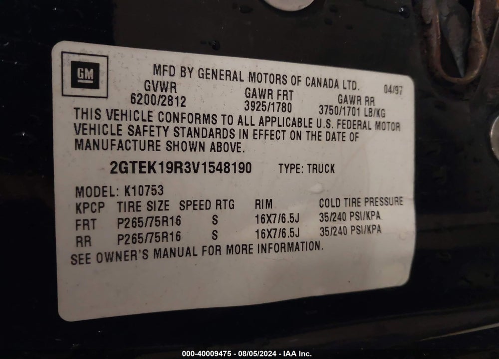 1997 GMC SIERRA 1500 VIN: 2GTEK19R3V1548190