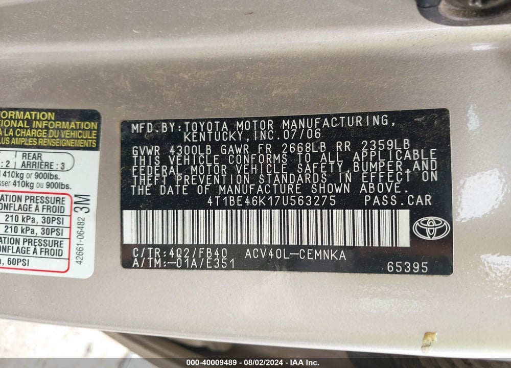 2007 TOYOTA CAMRY CE VIN: 4T1BE46K17U563275