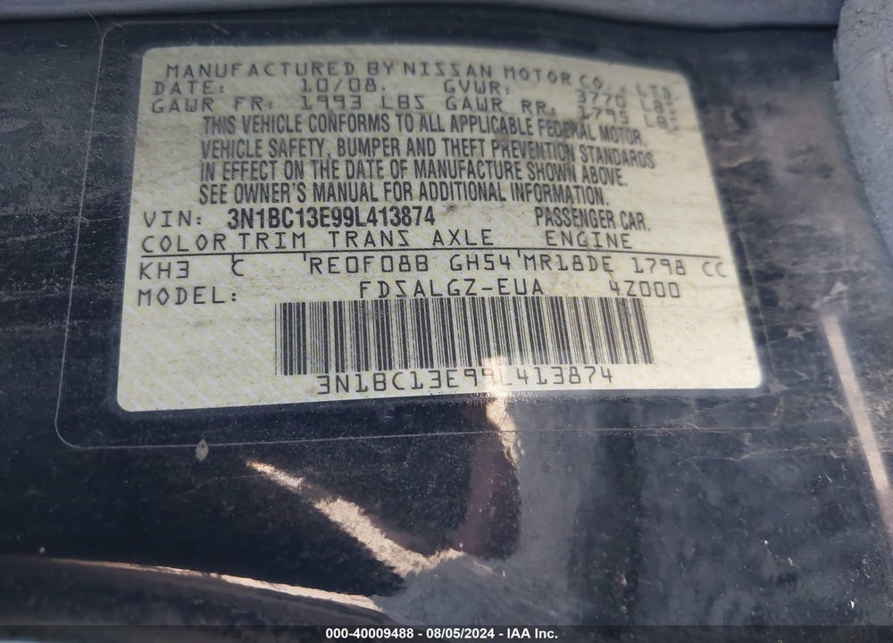 2009 NISSAN VERSA 1.8SL VIN: 3N1BC13E99L413874