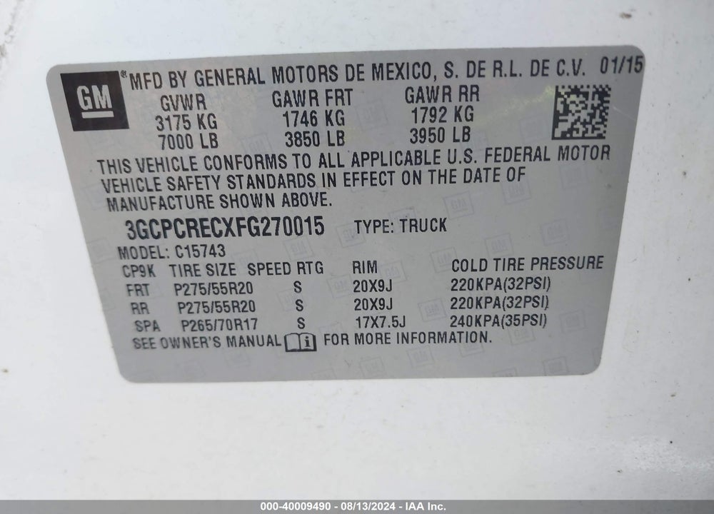 2015 CHEVROLET SILVERADO 1500 1LT VIN: 3GCPCRECXFG270015