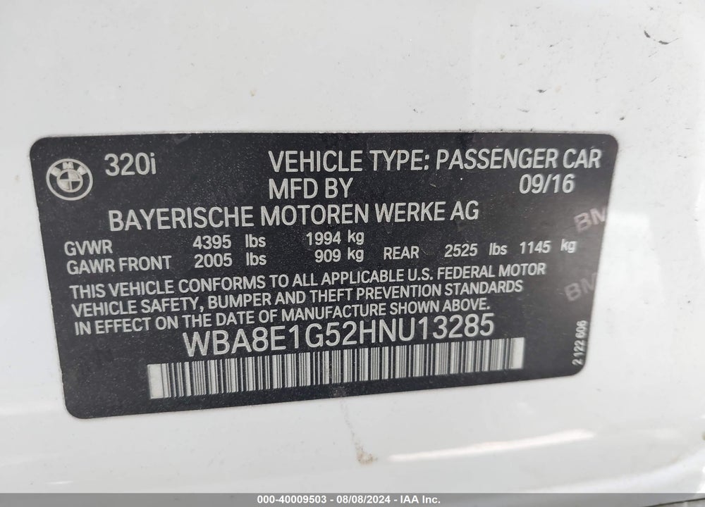 2017 BMW 320I VIN: WBA8E1G52HNU13285