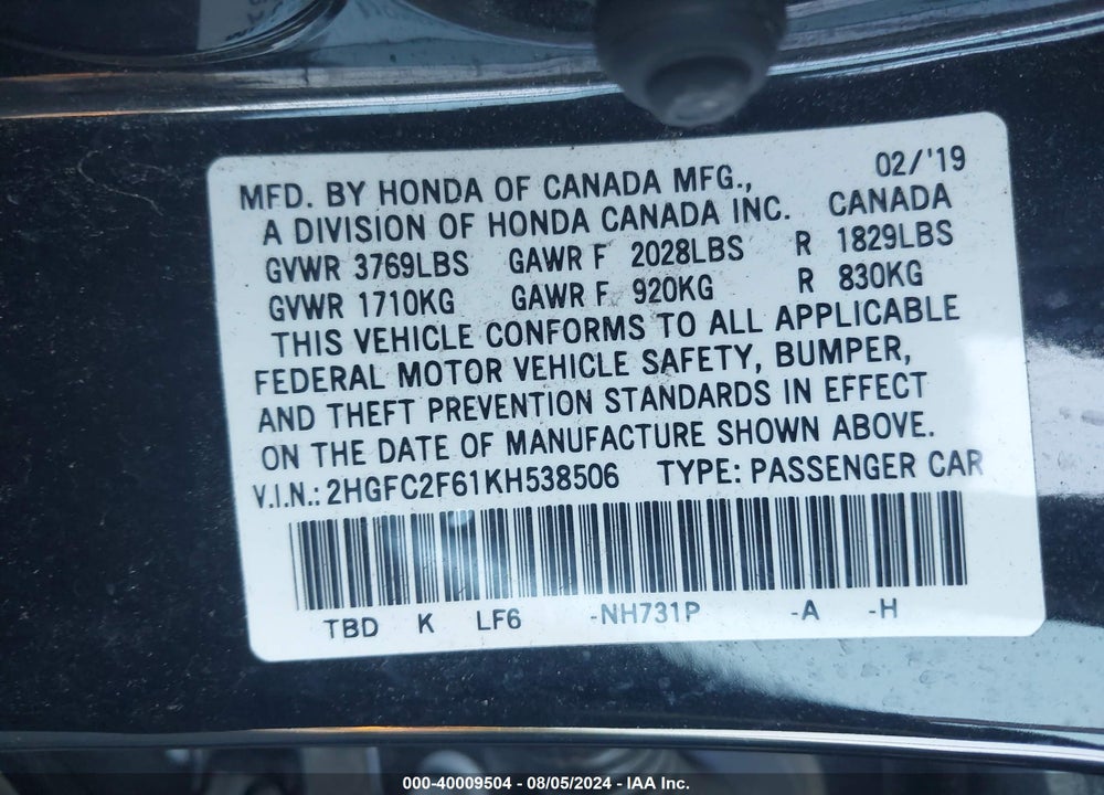 2019 HONDA CIVIC LX VIN: 2HGFC2F61KH538506