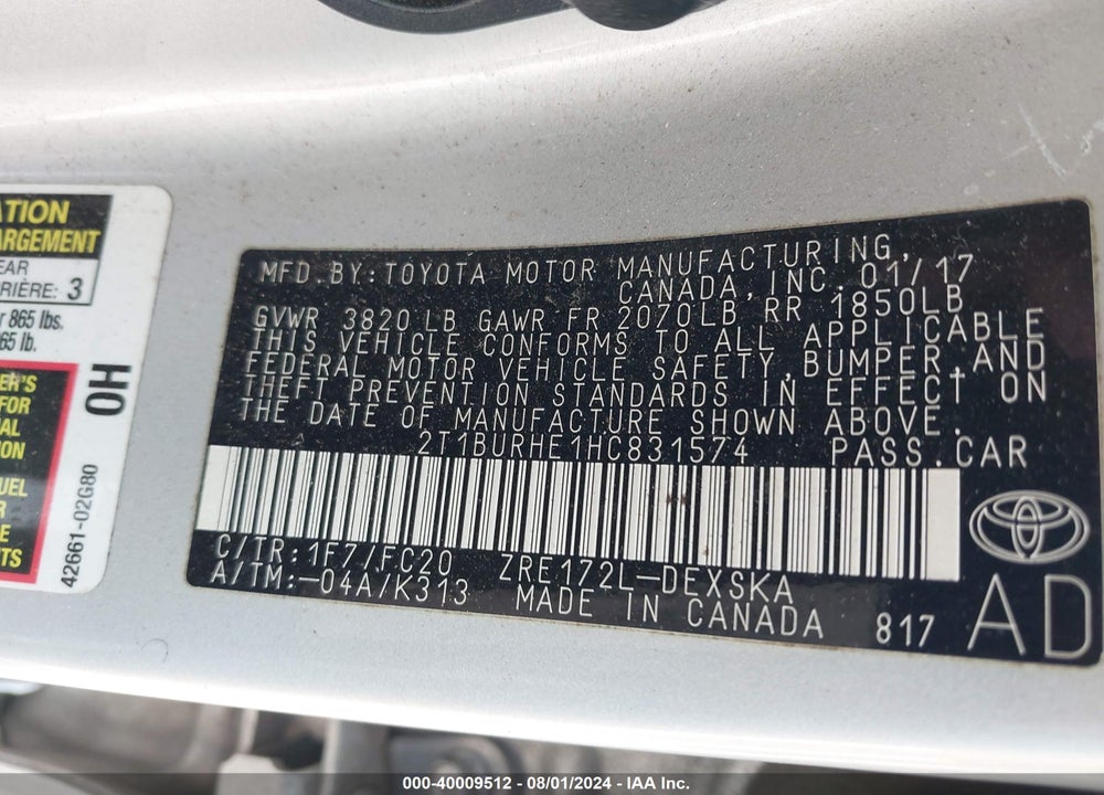 2017 TOYOTA COROLLA SE VIN: 2T1BURHE1HC831574