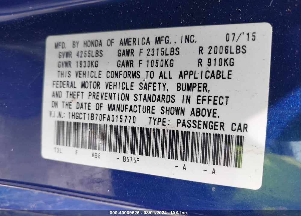 2015 HONDA ACCORD EX VIN: 1HGCT1B70FA015770