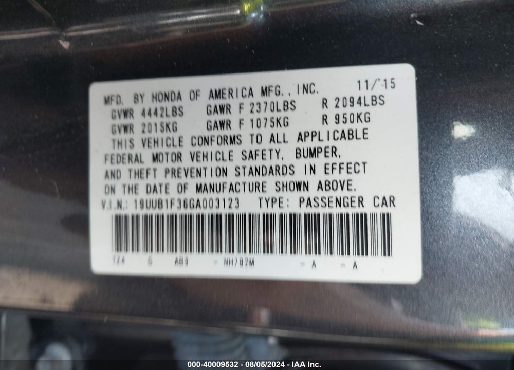 2016 ACURA TLX VIN: 19UUB1F36GA003123