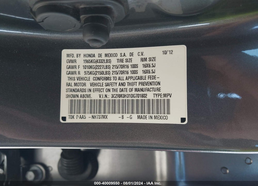 2013 HONDA CR-V LX VIN: 3CZRM3H31DG701802