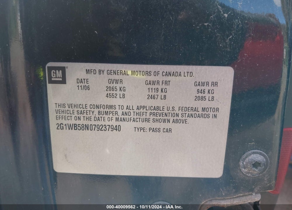 2007 CHEVROLET IMPALA VIN: 2G1WB58N079237940