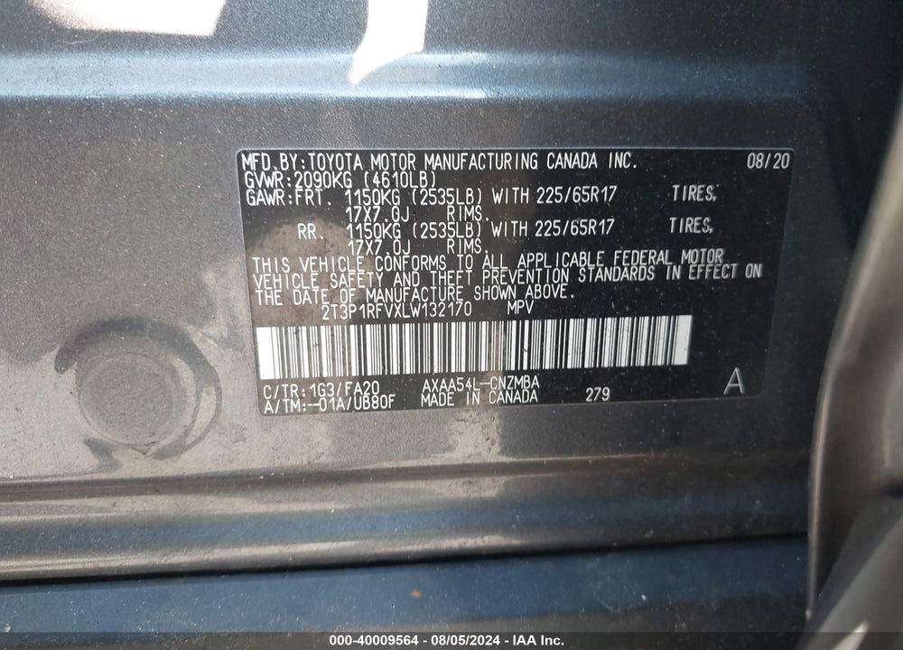 2020 TOYOTA RAV4 XLE VIN: 2T3P1RFVXLW132170
