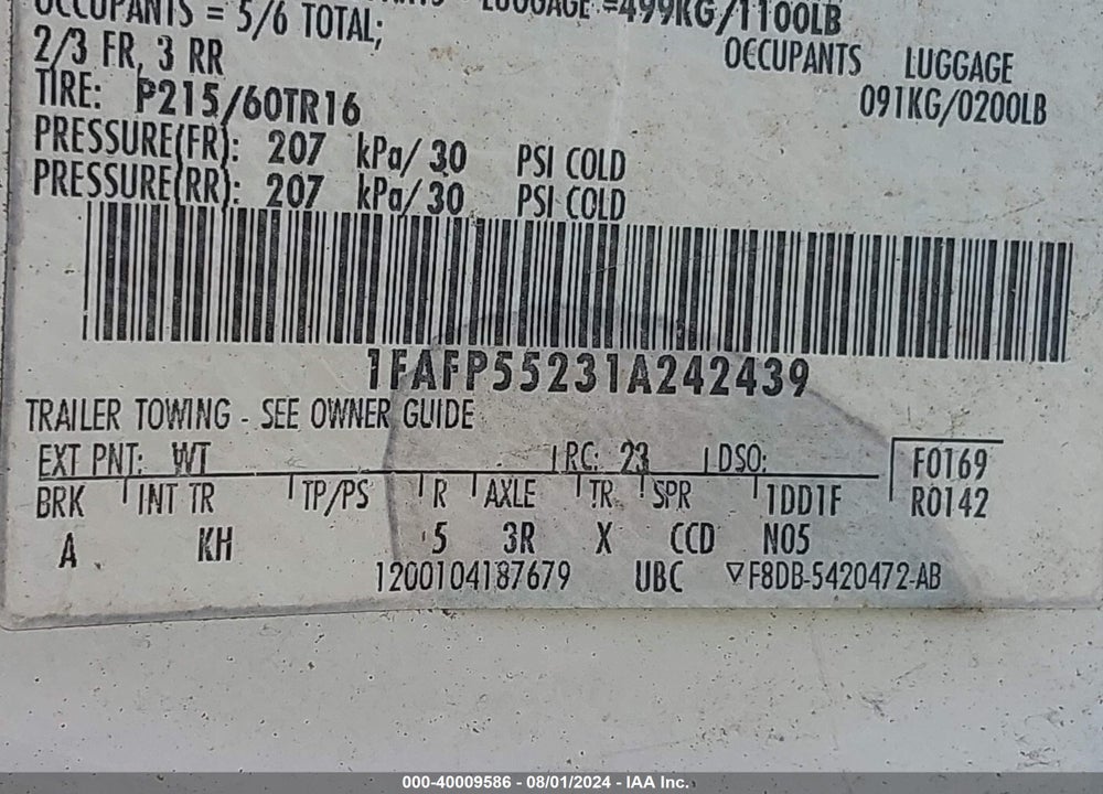 2001 FORD TAURUS SES VIN: 1FAFP55231A242439